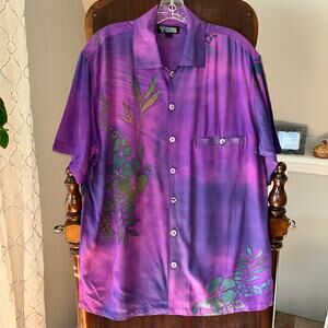 Vintage Tropical Tantrum purple hibiscus short button down Hawaiian shirt Large